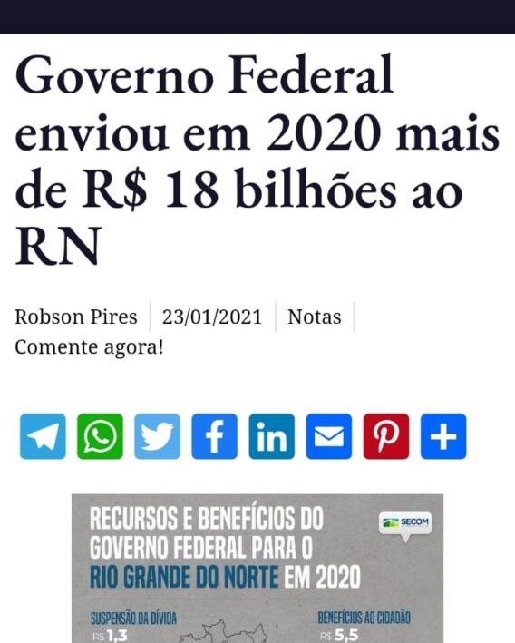 Governo Federal enviou em 2020 mais de R$ 18 bilhões ao RN