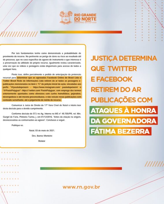 Justiça determina que Twitter e Facebook retirem do ar publicações com ataques à honra da governadora Fátima Bezerra