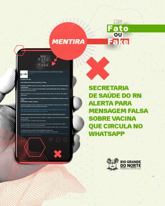Secretaria de Saúde do RN alerta para mensagem falsa sobre vacina que circula no WhatsApp
