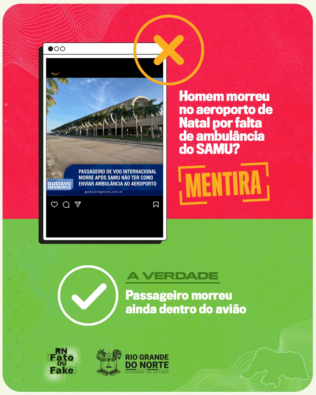É falso que passageiro de avião morreu no aeroporto por falta de atendimento do Samu no RN