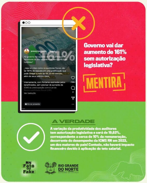 É falso que Governo do RN dará aumento de 161% a auditores