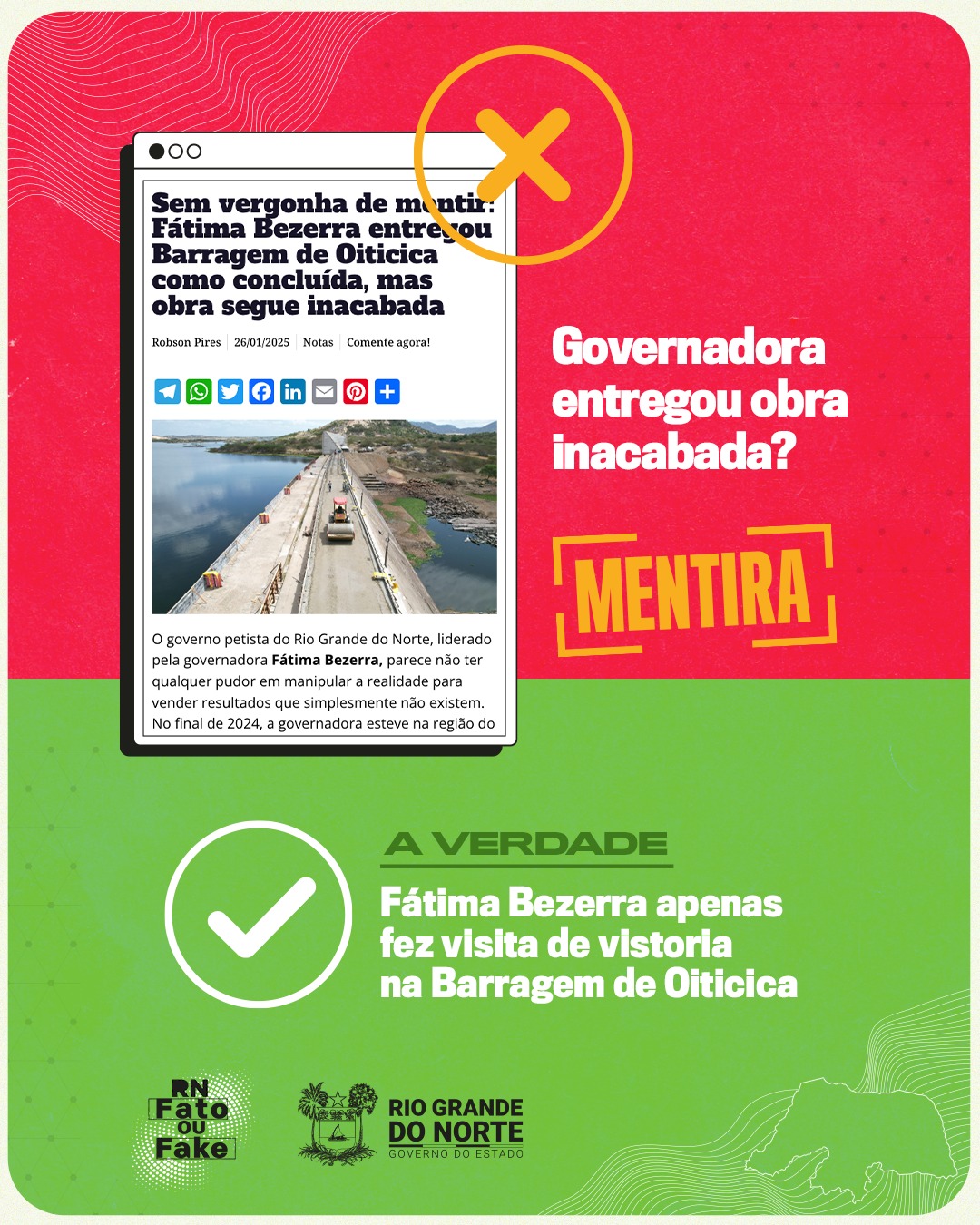 Governadora do RN não inaugurou obra inacabada