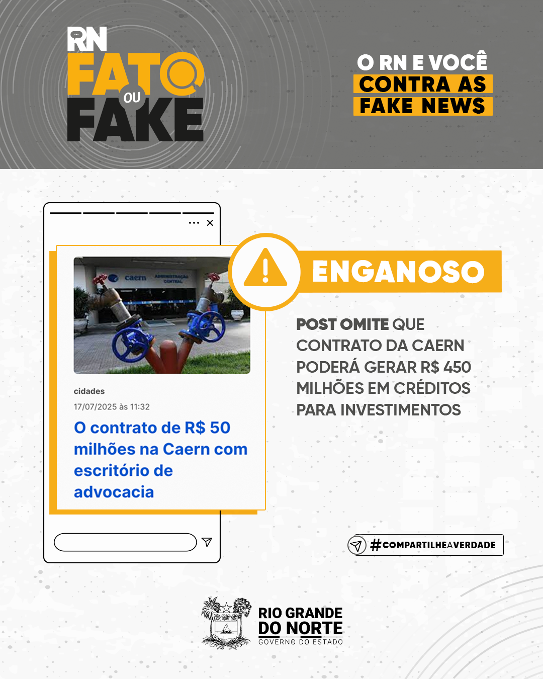 Post omite que contrato da Caern poderá gerar R$ 450 milhões em créditos para investimentos