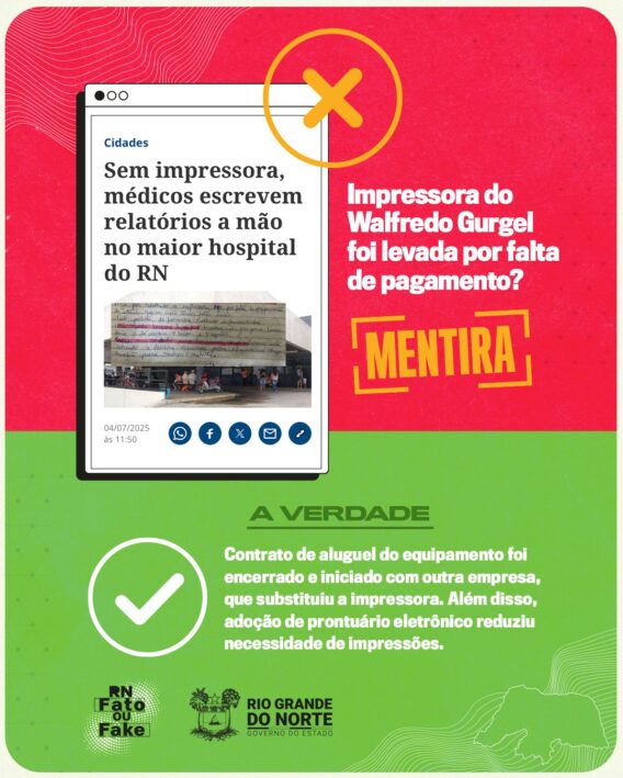 É falsa notícia sobre recolhimento de impressora por falta de pagamento no Walfredo Gurgel