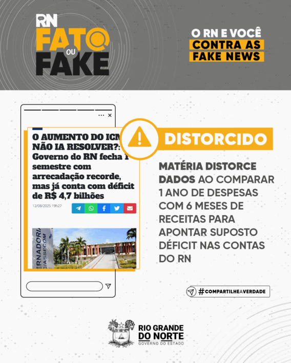 Matéria distorce dados ao comparar um ano de despesas com seis meses de receitas para apontar suposto déficit nas contas do RN