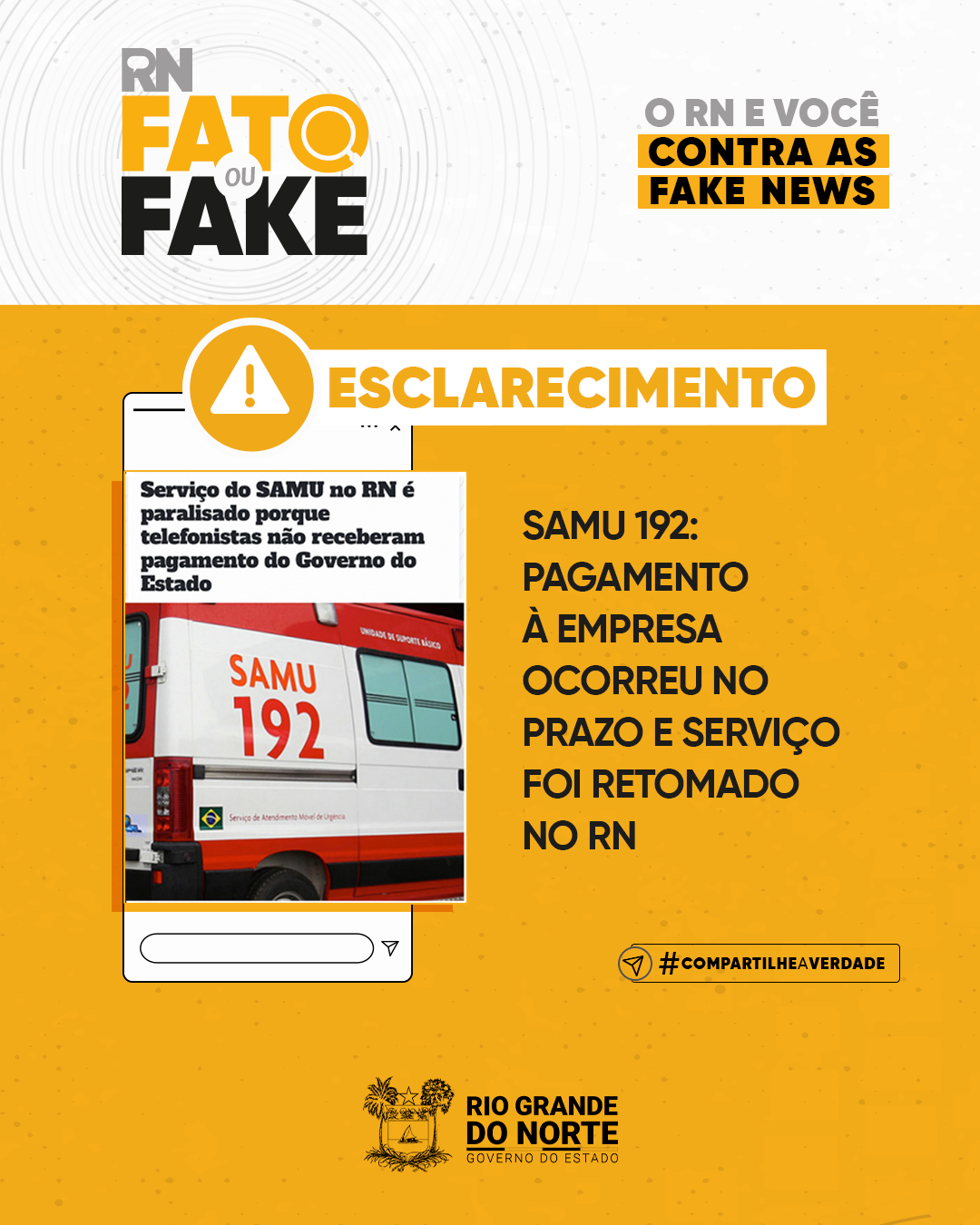 SAMU 192: pagamento à empresa ocorreu no prazo e serviço foi retomado no RN