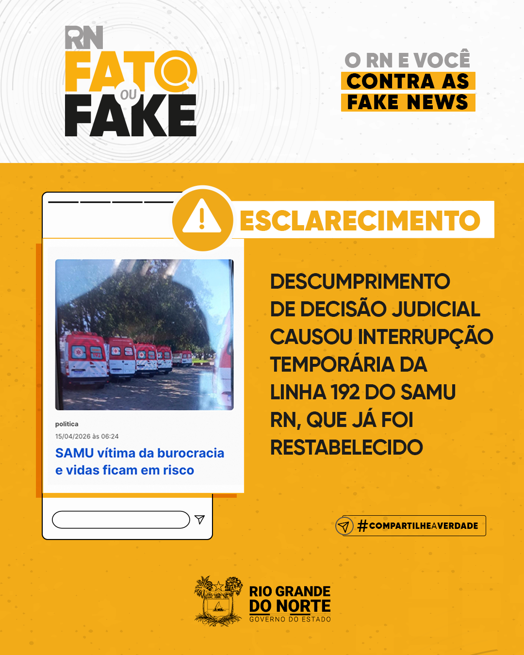 Descumprimento de decisão judicial causou interrupção temporária da linha 192 do SAMU RN, que já foi restabelecido