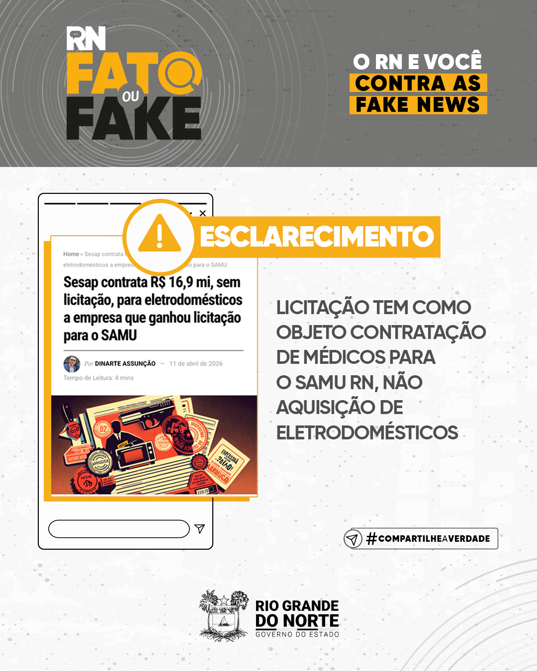 Licitação tem como objeto contratação de médicos para o SAMU RN, não aquisição de eletrodomésticos