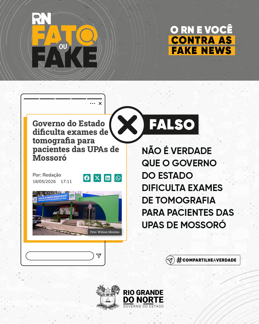 Não é verdade que o Governo do Estado dificulta exames de tomografia para pacientes das UPAs de Mossoró