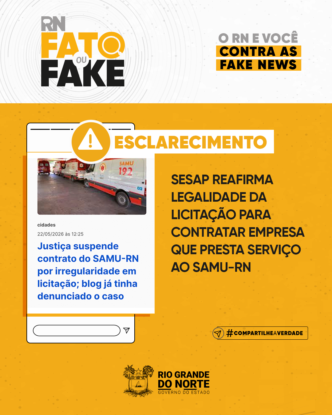 Sesap reafirma legalidade da licitação para contratar empresa que presta serviço ao Samu-RN