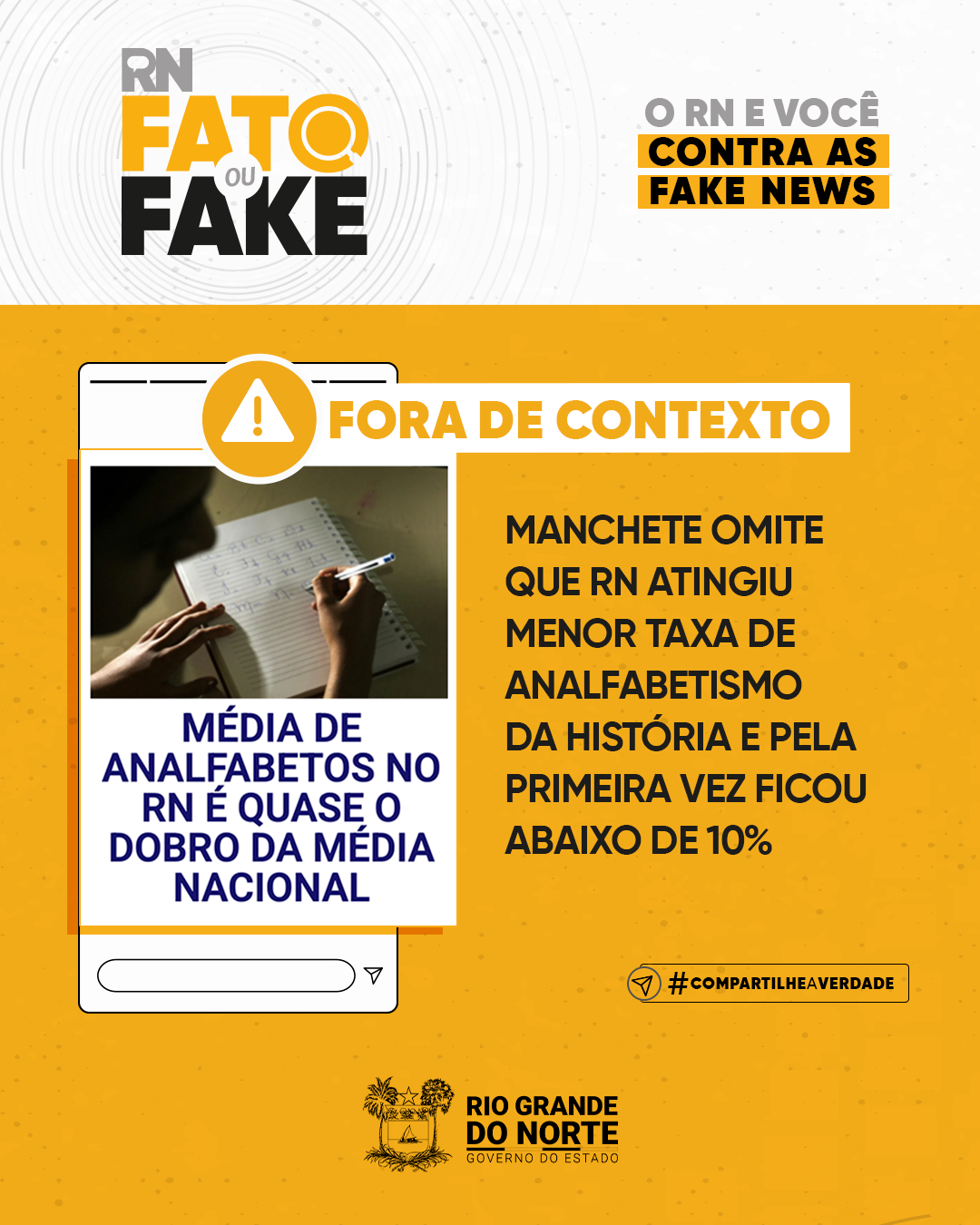 Manchete omite que RN atingiu menor taxa de analfabetismo da história e pela primeira vez ficou abaixo de 10%
